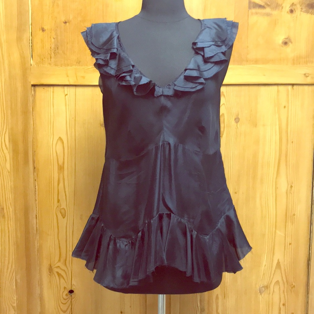 DKNY French Navy Silk Raw Edge Top